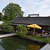 View from the lake towards the restaurant