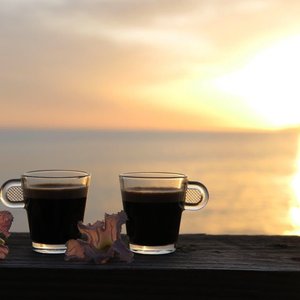 Vue sur la terrasse. Coucher de soleil