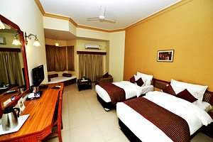 Hotel Vishnupriya in Udaipur, image may contain: Bed, Furniture, Ceiling Fan, Screen