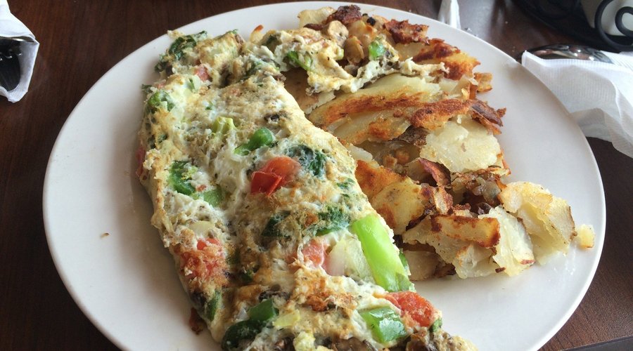 Breakfast steak and eggs and egg white veggie omelette