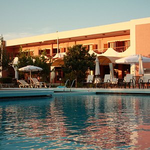 View of the pool while the sun goes down