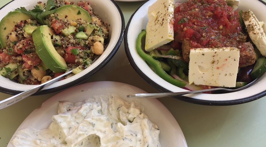 Cous cous salad (left), Greek salad (right) and Tzatziki