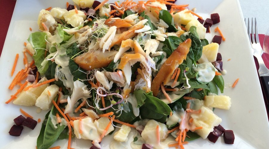 La terrasse, quelques plats (dont la salade en version Maxi pour en faire un plat, le menu enfan