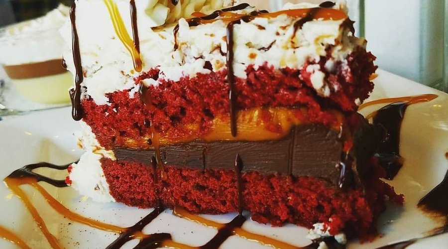 chocolate-peanut-butter red velvet with butter cream frosting