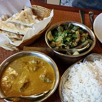 Naan, Lamb Korma, Bhindi Masala, Rice (L to R)