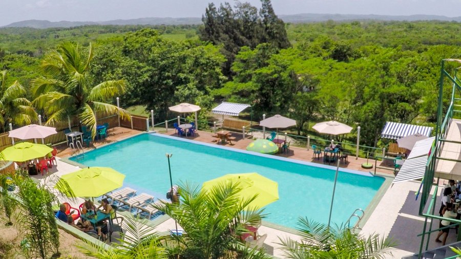 Swimming pool overlooking jungle.
