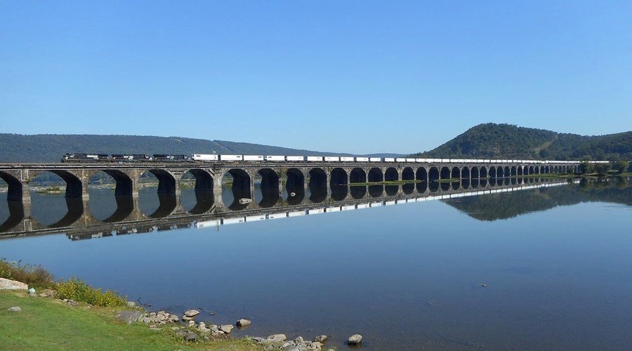 Mirrored Reflection of Train crossing Rockville Bridge