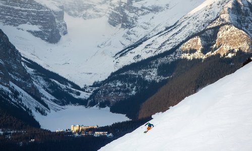 Skiing the Lake Louise Ski Resort with Lake Louise in the background