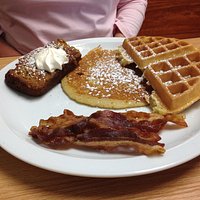Sampler Plate...pumpkin french toast, waffle, pancake, crisp bacon