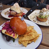 Mushroom Burger, Smashed Avo w/ poached eggs, Sanwiched French Toast