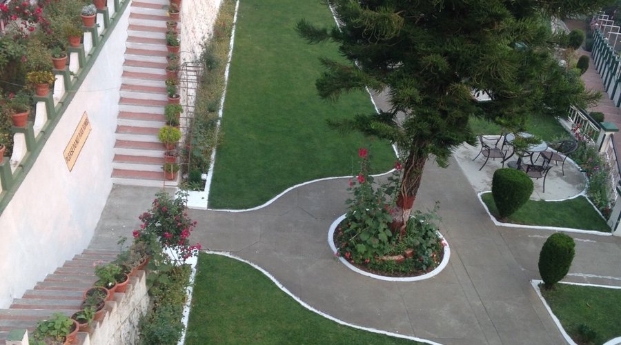 Lush green garden in front of resort.