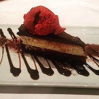 Chocolate caramel peanut cheesecake with berry sorbet
