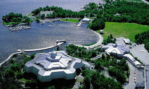 An aerial view of Science North and the Sudbury Yacht Club located on the shores of Ramsey Lake.