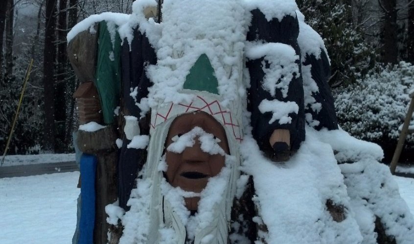 Historic Tree Stump Carving in the Snow - Tree possibly dates back to the Revolutionary War.