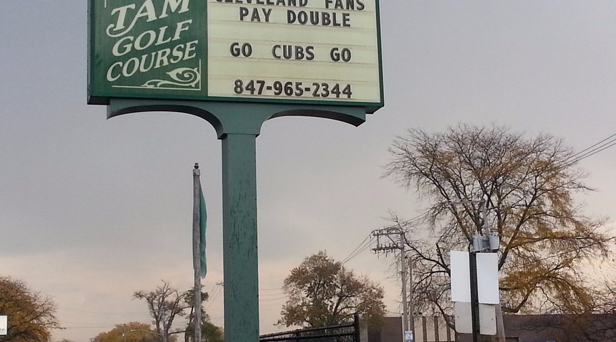 sign inviting Cleveland fans to pay double at the Tam O'Shanter Golf Course