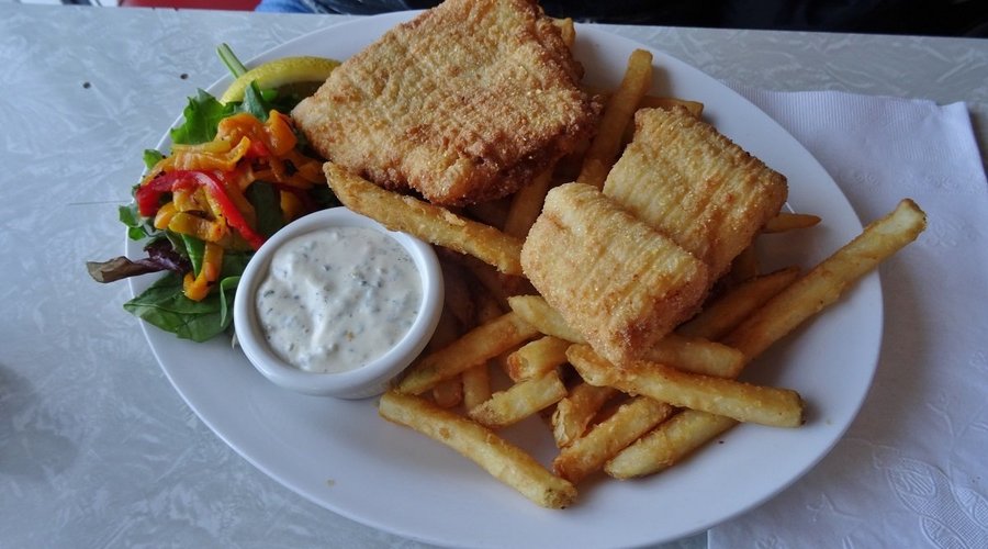 Fish and chips - despite the appearance, only lightly battered