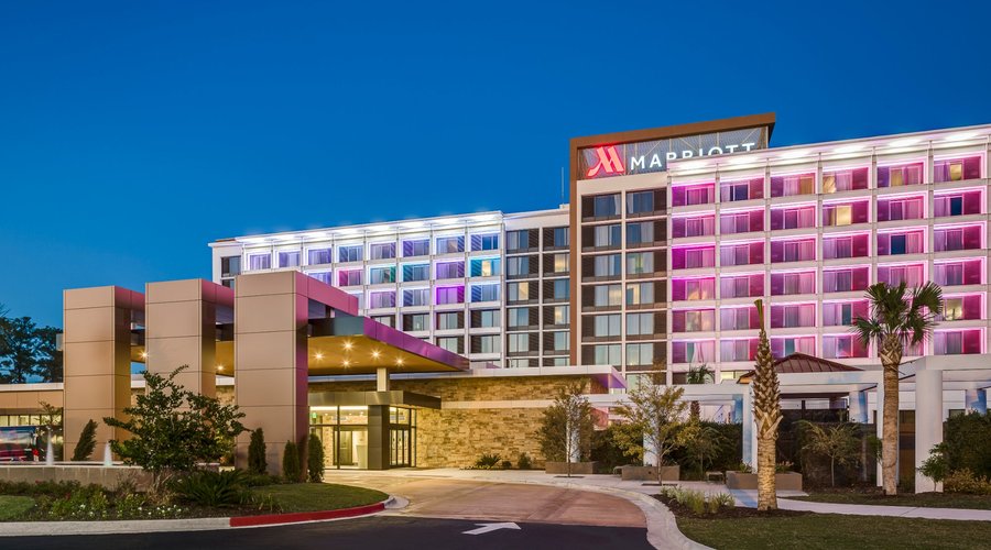 Hotel Exterior at Night.