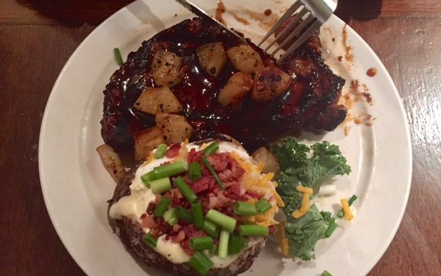 Steak topped with mushroom and a loaded baked potato. Yum!