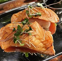 Seared Salmon on Rice Cake