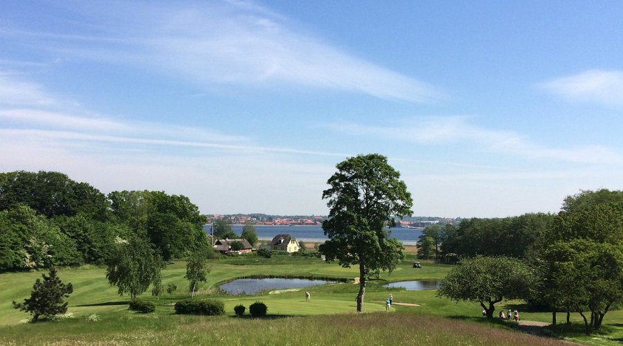 The view from the terrace, overlooking 17 green and hole no. 18.