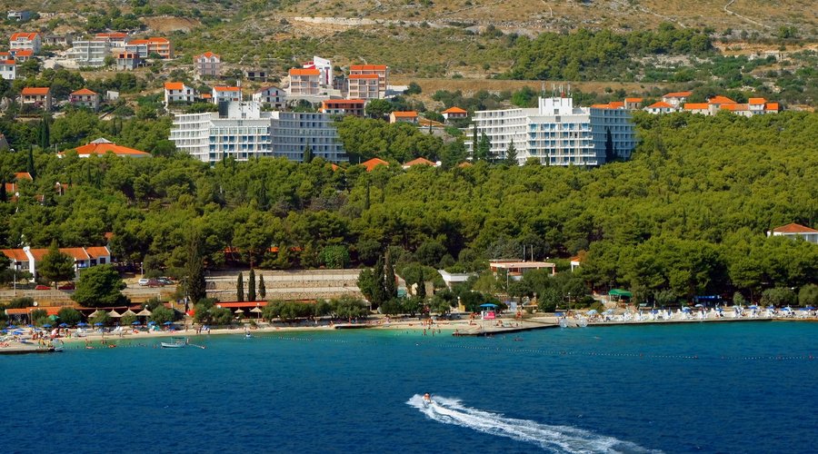 View on hotel and beach from sea