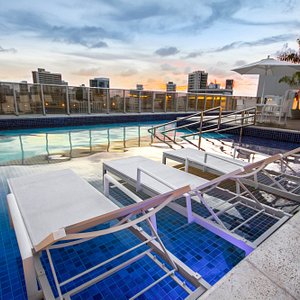 A stunning sunset view from our rooftop pool.