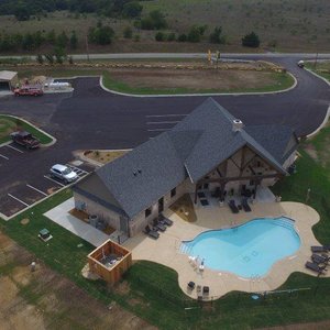 An aerial shot of the  clubhouse & pool!