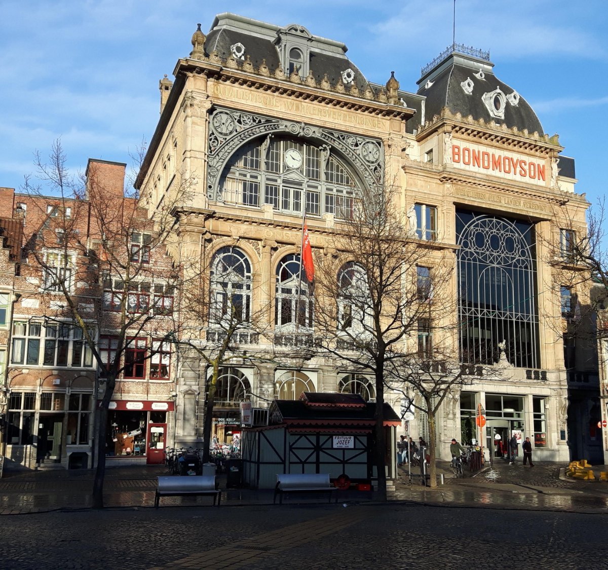 The entrance of Media markt with stickers to help people keep their  distance in Oostakker, Belgium on May 9, 2020. Belgium will start phase two  with the opening of shops allowing more