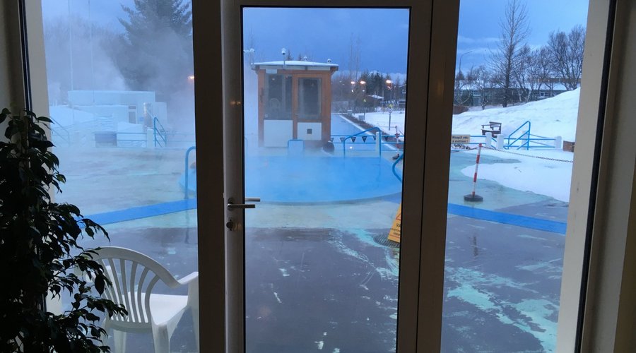 Hot splash pool (and larger pool behind), in the snow