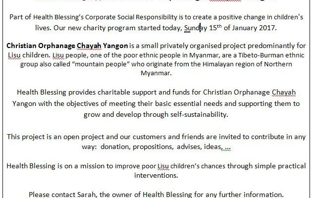 Health Blessing supports Christian Orphanage Chayah Yangon