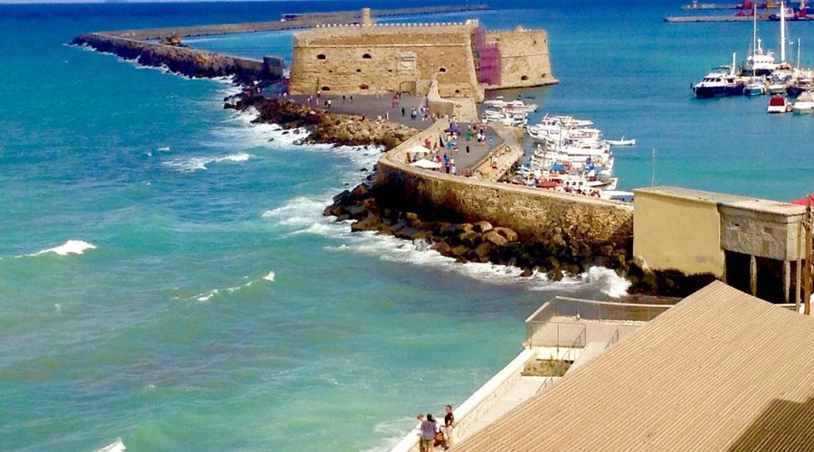 View of Heraklion Fortress and Old Venetian Harbour from my sea-view room. (Open top bus stop sh