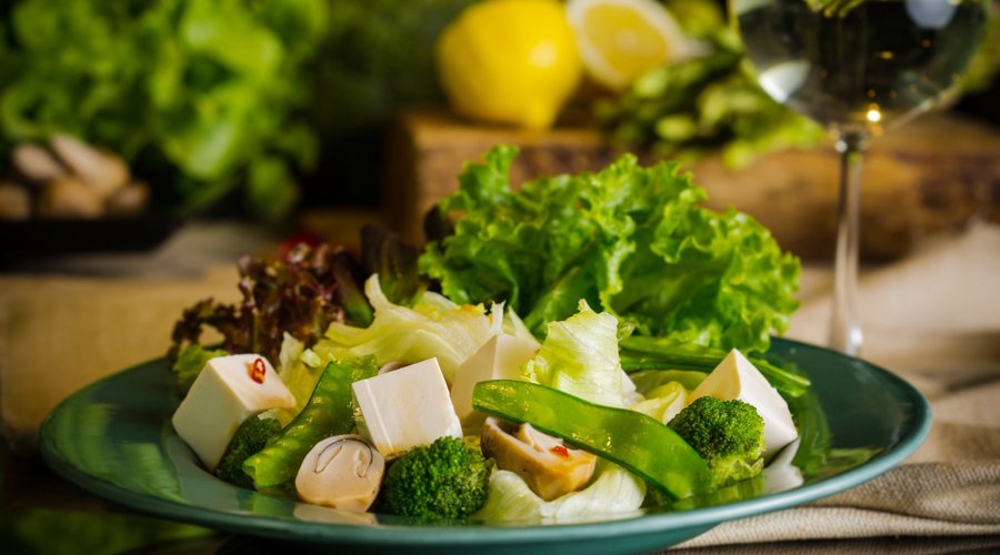 YAM TAOHU (Green Vegetables, Silken Tofu & Straw Mushrooms With Chilli Jaggery Lime Dressing)