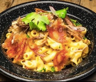 Truffle Cheese and Mac with Carnitas and Spanish Chorizo