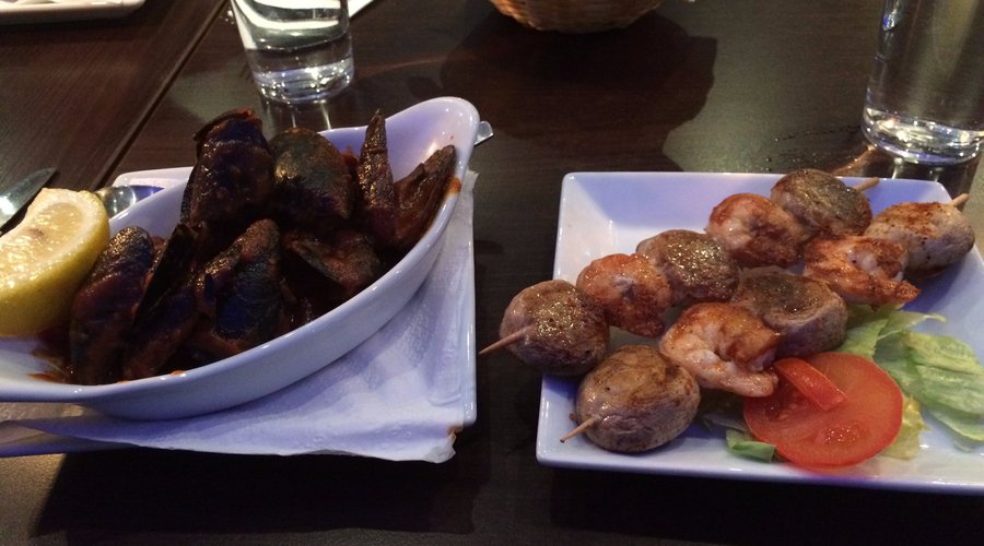 Mussels & shrimp kebabs