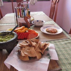 Beautiful breakfast table with a different main course each day.