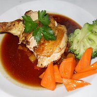 Maize fed chicken with pancetta and red wine sauce