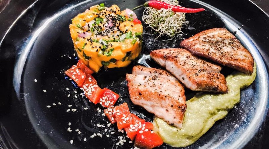 Filet of White Snapper, with red bean-Mango Salsa & Avocado Vinaigrette