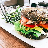Beef, Bacon & Blue cheese on Activated charcoal brioche.