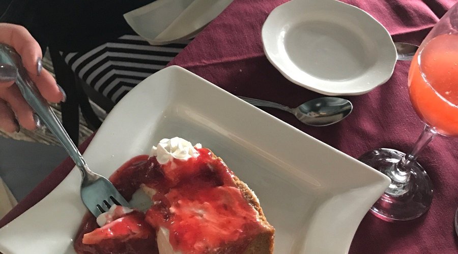 Desserts are out of this world! Cheesecake with strawberries and chocolate pots de creme