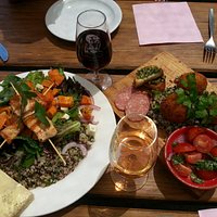 Salmon skewers and Arancini summer platter.... YUM!