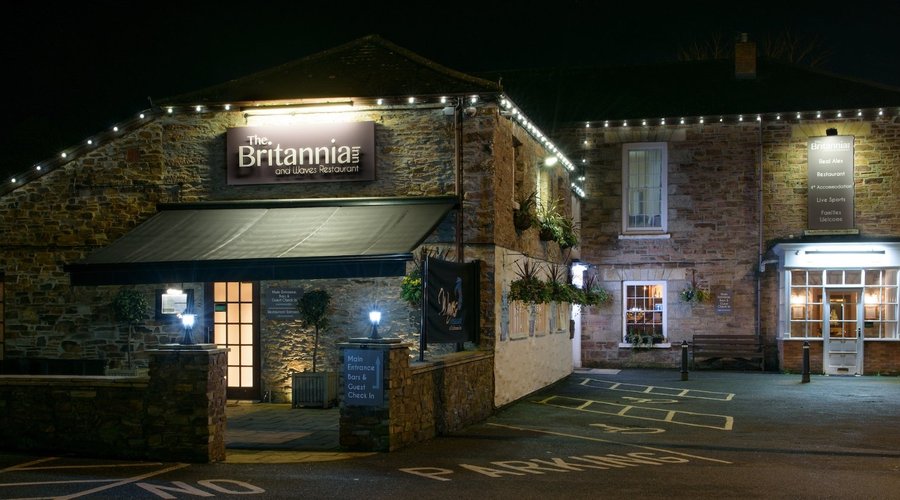 Britannia front entrance view at night!