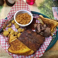 Ribs and brisket with fried okra and beans
