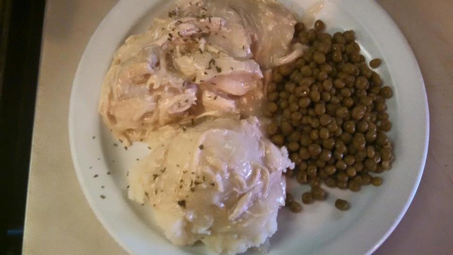 Wednesdays Special- Chicken~n~Biscuits w/mashed and peas.