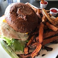 Yahtzee sandwich with mixed regular and sweet potato fries. Yum!