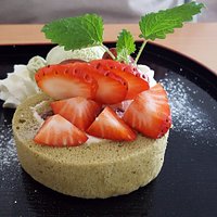 dessert - green tea cake with green tea ice-cream and fruits