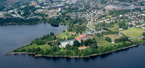 Domkirkeodden stikker ut i Mjøsa rett vest for Hamar sentrum/ The museum seen from above.