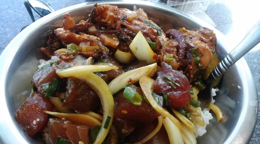 Large poke bowl with tako (squid) and ahi with onion