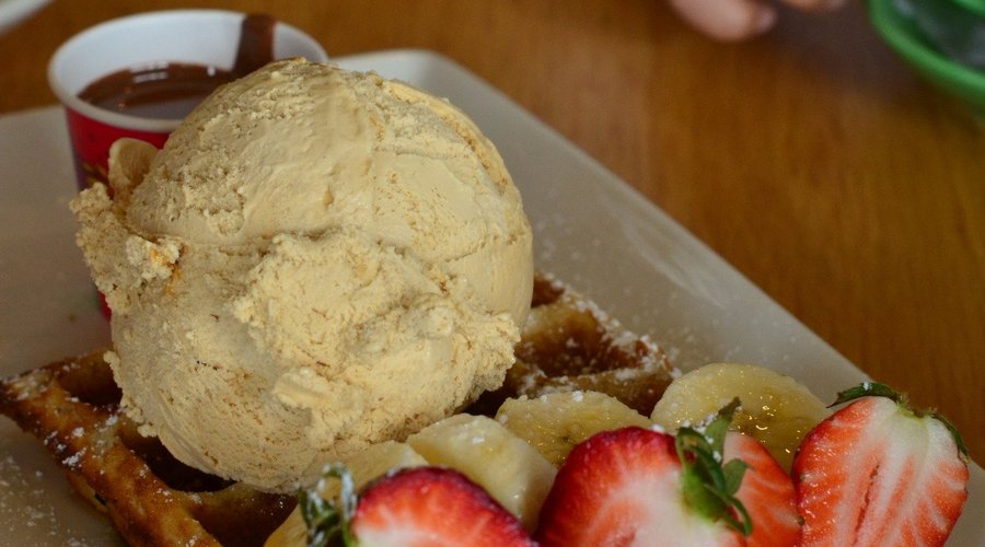 Strawberries, waffle and salted caramel ice cream