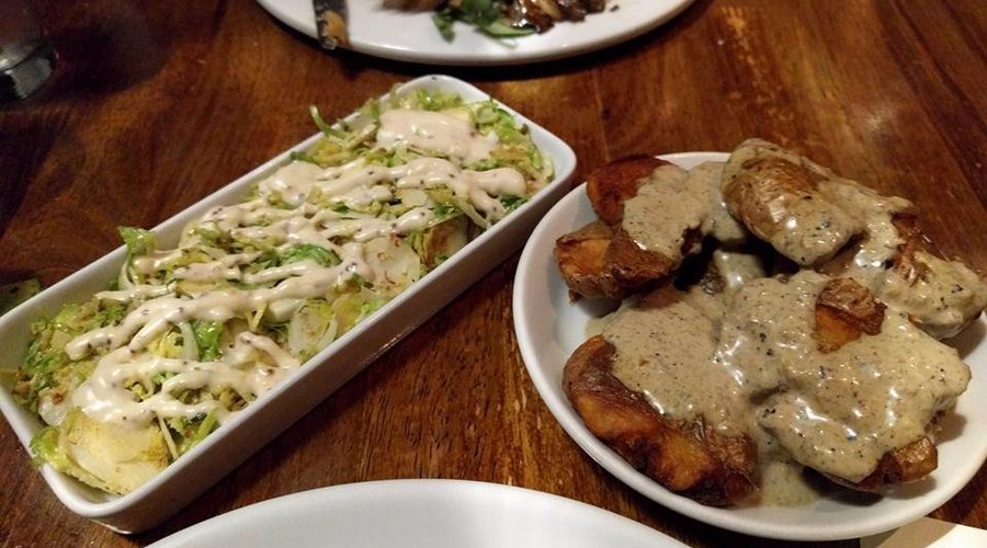 Shaved and grilled Brussel sprouts; fingerling potatoes with creamy worstershire 