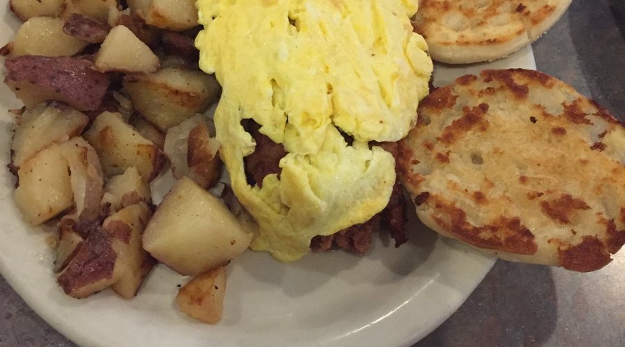 Corned Beef Hash, Scrambled Eggs & Grilled english